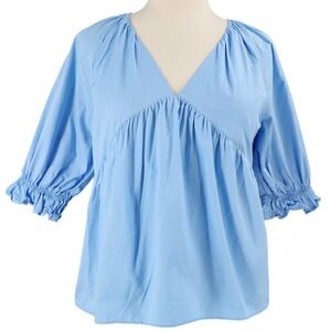 English Factory Blouse Womens V-Neck Puff Sleeve XS Blue Made in China